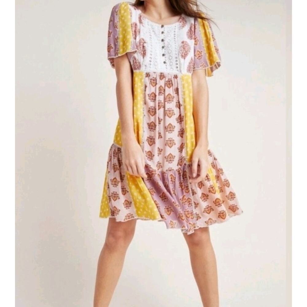 Anthropologie Melody Lace Trim Button Front Tie Back Patchwork Dress